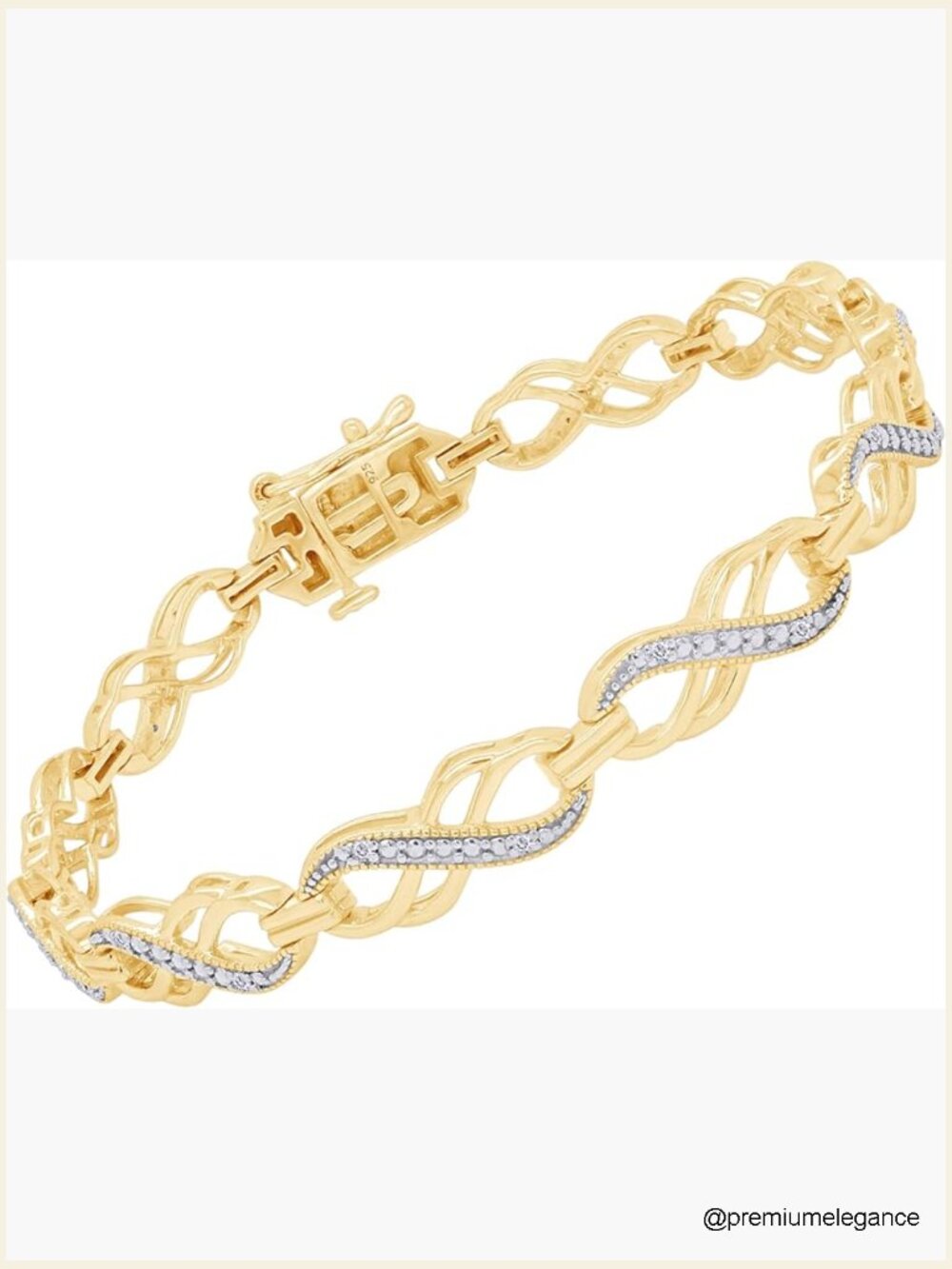 Double Infinity Loop Bracelet 0.10ct Natural Diamond 14K Gold Plated Silver